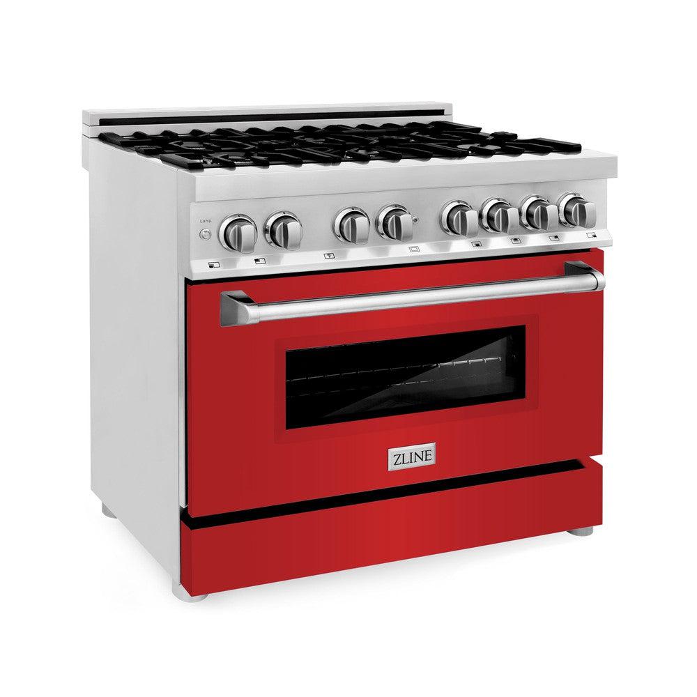 ZLINE 36 in. Dual Fuel Range with Gas Stove and Electric Oven in Stainless Steel with Red Matte Door (RA-RM-36)