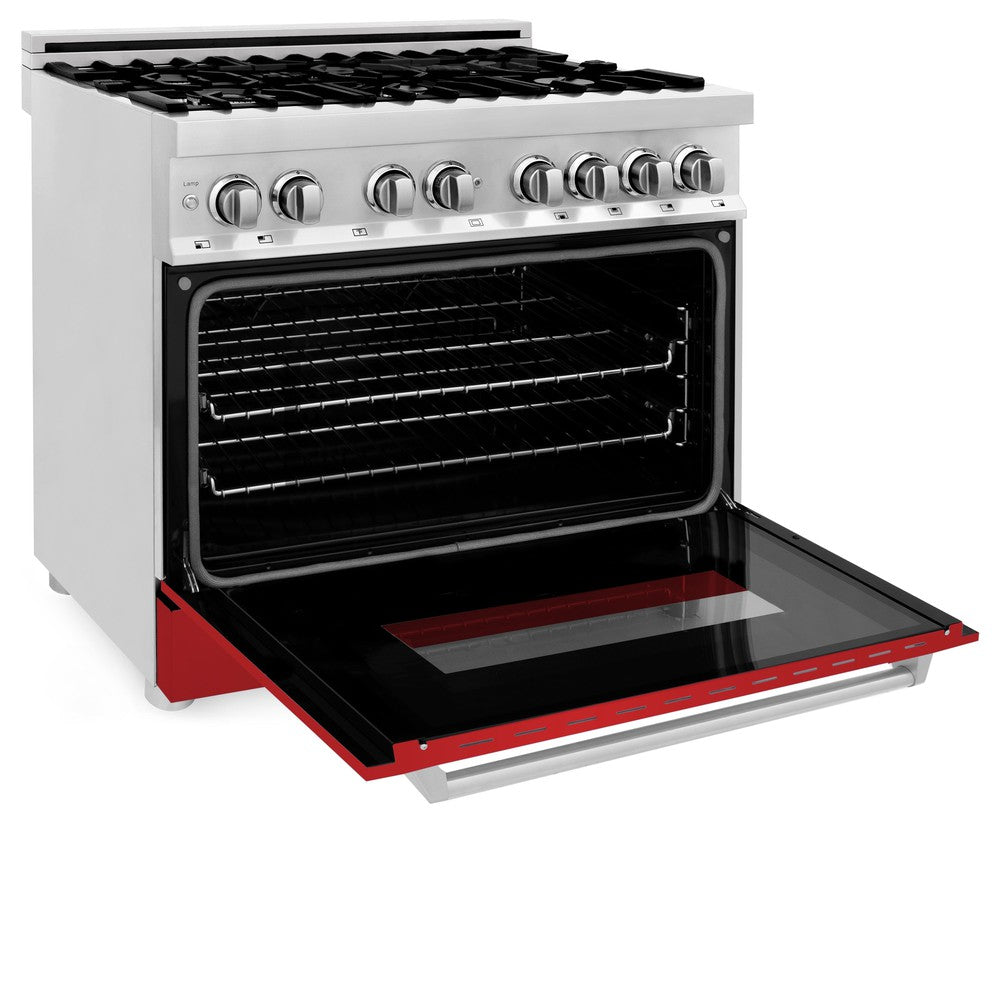 ZLINE 36 in. Dual Fuel Range with Gas Stove and Electric Oven in Stainless Steel with Red Matte Door (RA-RM-36)