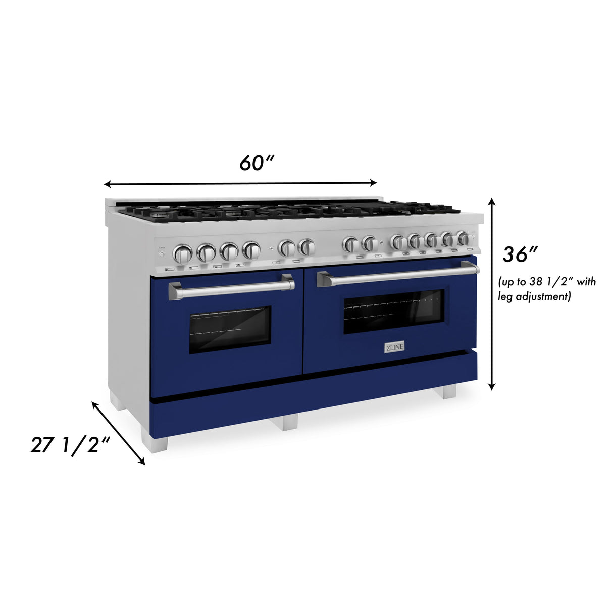 ZLINE 60 in. 7.4 cu. ft. Dual Fuel Range with Gas Stove and Electric Oven in Fingerprint Resistant Stainless Steel and Blue Gloss Doors (RAS-BG-60)