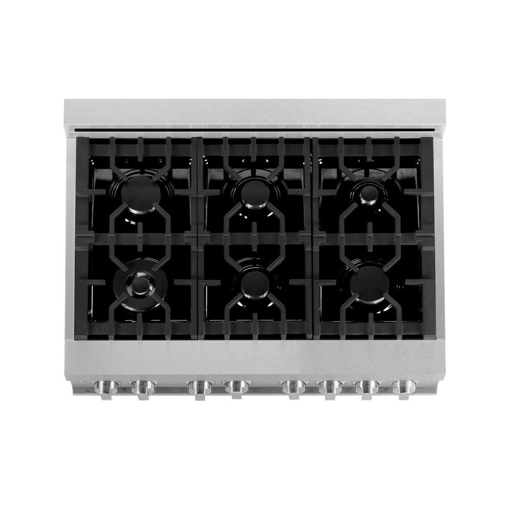 ZLINE 36 in. Kitchen Package with DuraSnow® Stainless Steel Dual Fuel Range and Convertible Vent Range Hood (2KP-RASSNRH36)