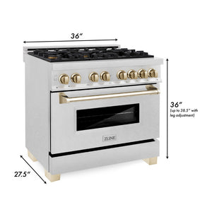ZLINE Autograph Edition 36 in. 4.6 cu. ft. Legacy Dual Fuel Range with 6 Burner Gas Cooktop and Electric Convection Oven in DuraSnow® Stainless Steel and Polished Gold Accents (RASZ-SN-36-G)