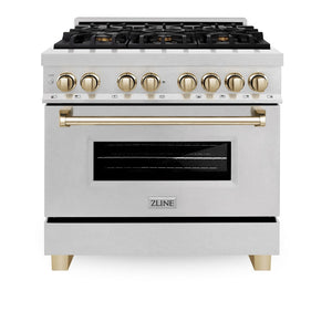 ZLINE Autograph Edition 36 in. 4.6 cu. ft. Legacy Dual Fuel Range with 6 Burner Gas Cooktop and Electric Convection Oven in DuraSnow® Stainless Steel and Polished Gold Accents (RASZ-SN-36-G)