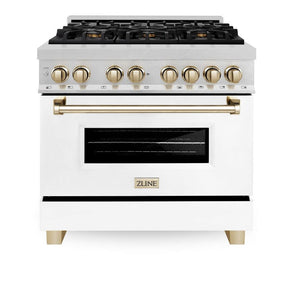 ZLINE Autograph Edition 36 in. 4.6 cu. ft. Legacy Dual Fuel Range with 6 Burner Gas Cooktop and Electric Convection Oven in DuraSnow® Stainless Steel with White Matte Door and Polished Gold Accents (RASZ-WM-36-G)