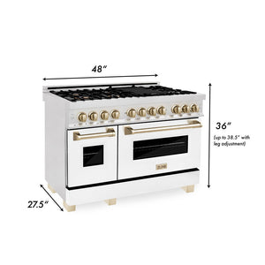 ZLINE Autograph Edition 48 in. 6.0 cu. ft. Legacy Dual Fuel Range with 7 Burner Gas Cooktop and 2 Electric Ovens in DuraSnow® Stainless Steel with White Matte Doors and Polished Gold Accents (RASZ-WM-48-G)
