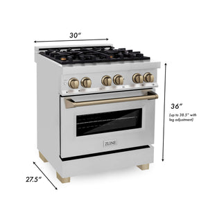 ZLINE Autograph Edition 30 in. Kitchen Package with Stainless Steel Dual Fuel Range and Range Hood with Champagne Bronze Accents (3AKP-RARHDWM30-CB)