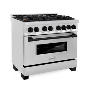 ZLINE Autograph Edition 36 in. Kitchen Package with Stainless Steel Dual Fuel Range, Range Hood, Dishwasher and Refrigerator Including External Water Dispenser with Matte Black Accents (4AKPR-RARHDWM36-MB)