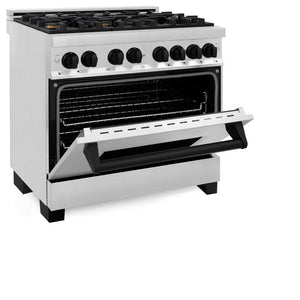 ZLINE Autograph Edition 36 in. Kitchen Package with Stainless Steel Dual Fuel Range, Range Hood, Dishwasher and Refrigerator Including External Water Dispenser with Matte Black Accents (4AKPR-RARHDWM36-MB)