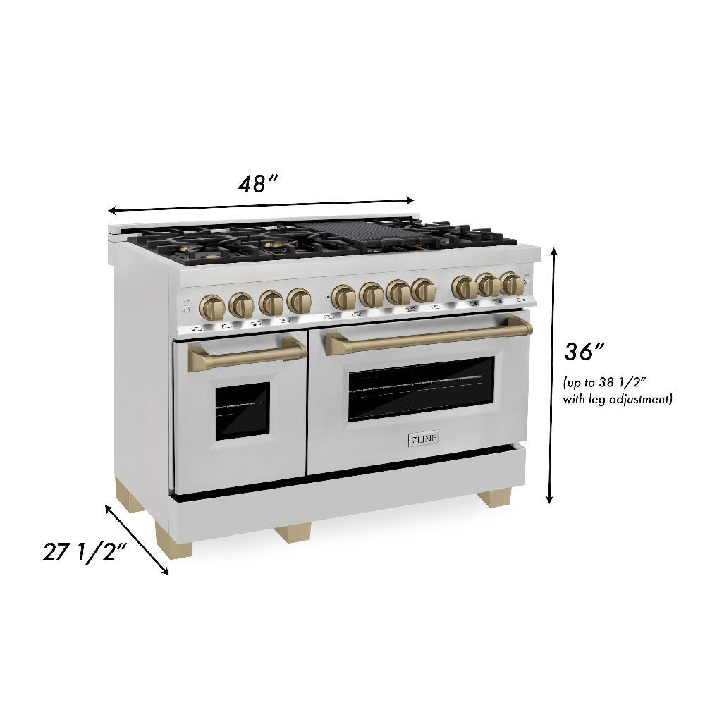 ZLINE Autograph Edition 48 in. Kitchen Package with Stainless Steel Dual Fuel Range, Range Hood, Dishwasher and Refrigerator Including External Water Dispenser with Champagne Bronze Accents (4AKPR-RARHDWM48-CB)
