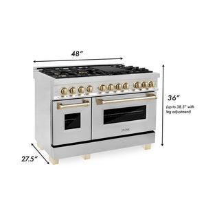 ZLINE Autograph Edition 48 in. Kitchen Package with Stainless Steel Dual Fuel Range, Range Hood, Dishwasher and Refrigerator Including External Water Dispenser with Polished Gold Accents (4AKPR-RARHDWM48-G)