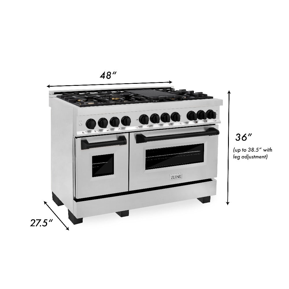 ZLINE Autograph Edition 48 in. Kitchen Package with Stainless Steel Dual Fuel Range, Range Hood, Dishwasher and Refrigerator Including External Water Dispenser with Matte Black Accents (4AKPR-RARHDWM48-MB)