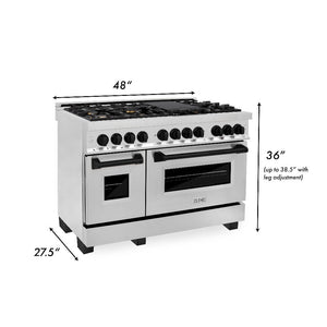 ZLINE Autograph Edition 48 in. Kitchen Package with Stainless Steel Dual Fuel Range, Range Hood, Dishwasher and Refrigerator Including External Water Dispenser with Matte Black Accents (4AKPR-RARHDWM48-MB)