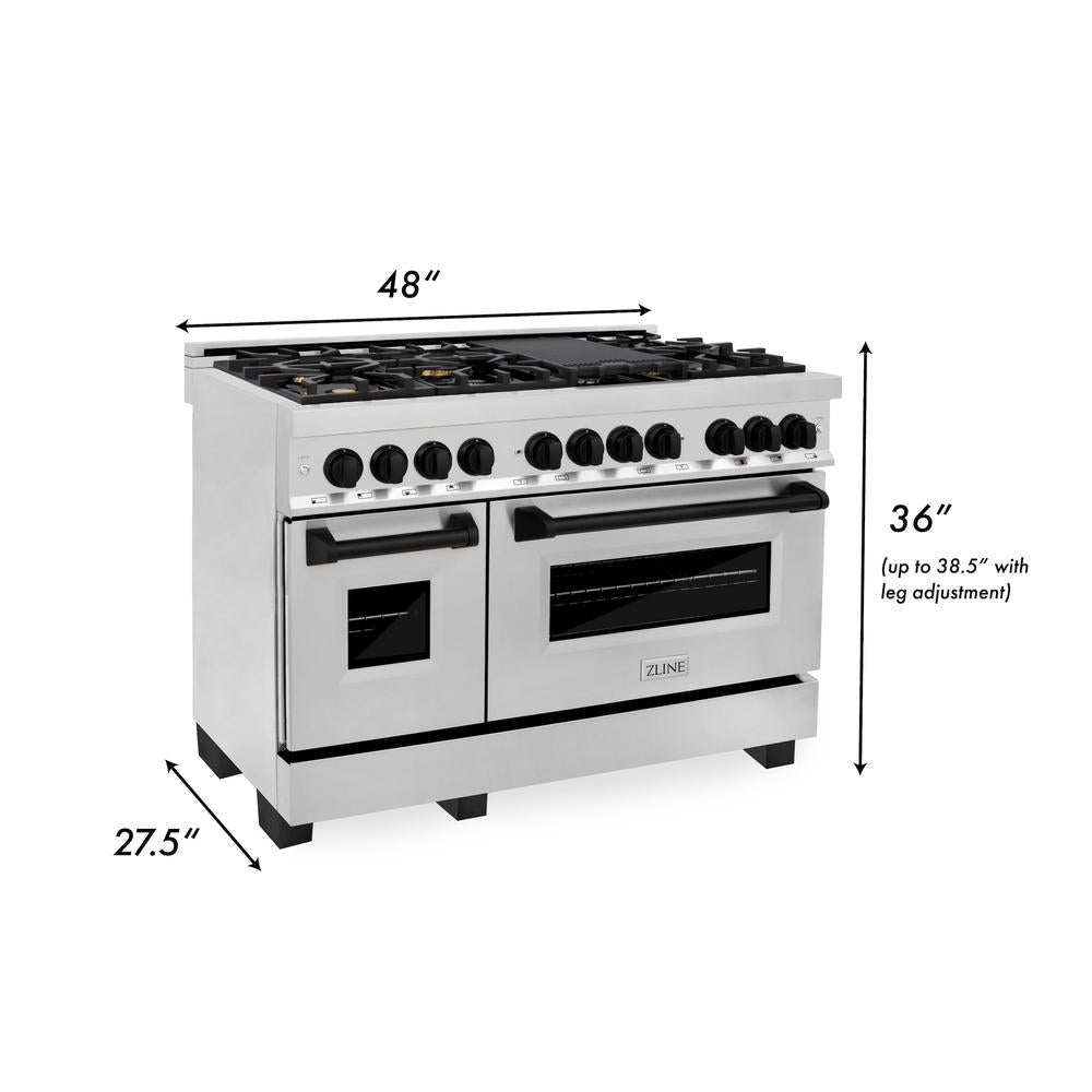ZLINE Autograph Edition 48 in. Kitchen Package with Stainless Steel Dual Fuel Range, Range Hood, Dishwasher and Refrigerator with Matte Black Accents (4KAPR-RARHDWM48-MB)
