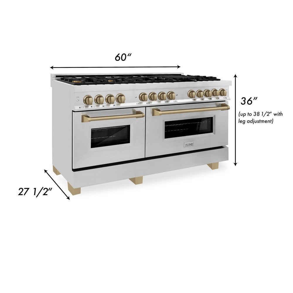 ZLINE Autograph Edition 60 in. 7.4 cu. ft. Legacy Dual Fuel Range with 9 Burner Gas Cooktop and 2 Electric Convection Ovens in Stainless Steel and Champagne Bronze Accents (RAZ-60-CB)