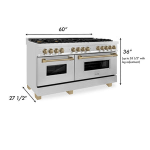 ZLINE Autograph Edition 60 in. 7.4 cu. ft. Legacy Dual Fuel Range with 9 Burner Gas Cooktop and 2 Electric Convection Ovens in Stainless Steel and Champagne Bronze Accents (RAZ-60-CB)
