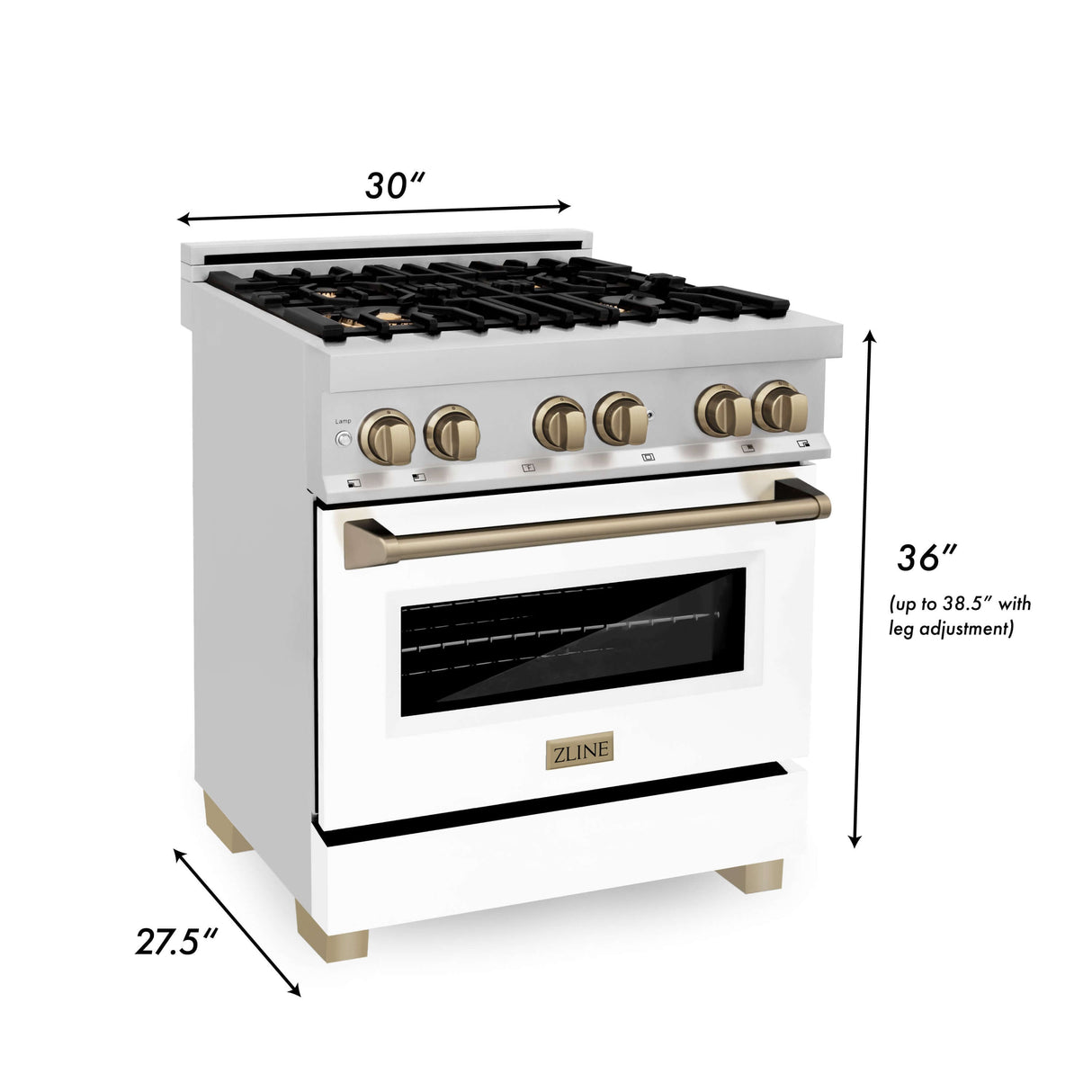 ZLINE Autograph Edition 30 in. Kitchen Package with Stainless Steel Dual Fuel Range with White Matte Door, Range Hood and Dishwasher with Champagne Bronze Accents (3AKP-RAWMRHDWM30-CB)
