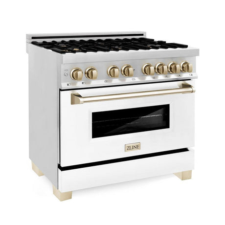ZLINE Autograph Edition 36 in. 4.6 cu. ft. Dual Fuel Range with Gas Stove and Electric Oven in Stainless Steel with White Matte Door and Polished Gold Accents (RAZ-WM-36-G)-Ranges-RAZ-WM-36-G ZLINE Kitchen and Bath