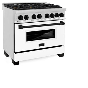 ZLINE Autograph Edition 36 in. 4.6 cu. ft. Legacy Dual Fuel Range with 6 Burner Gas Cooktop and Electric Convection Oven in Stainless Steel with White Matte Door and Matte Black Accents (RAZ-WM-36-MB)