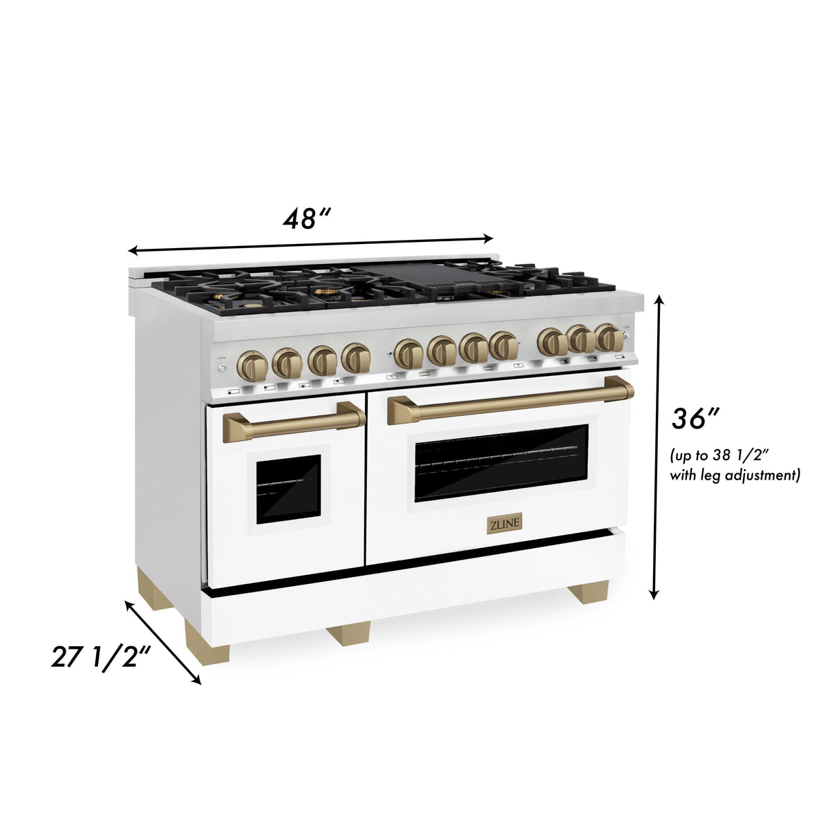 ZLINE Autograph Edition 48 in. Kitchen Package with Stainless Steel Dual Fuel Range with White Matte Door, Range Hood and Dishwasher with Champagne Bronze Accents (3AKP-RAWMRHDWM48-CB)