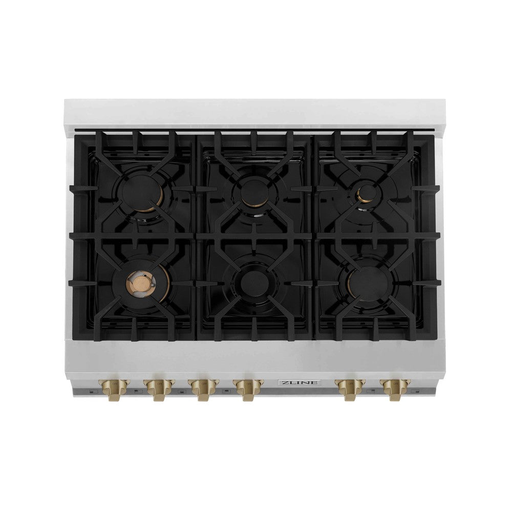 ZLINE Autograph Edition 36 in. Legacy Gas Rangetop with 6 Burners and Porcelain Cooktop in Stainless Steel with Champagne Bronze Accents (RTZ-36-CB)