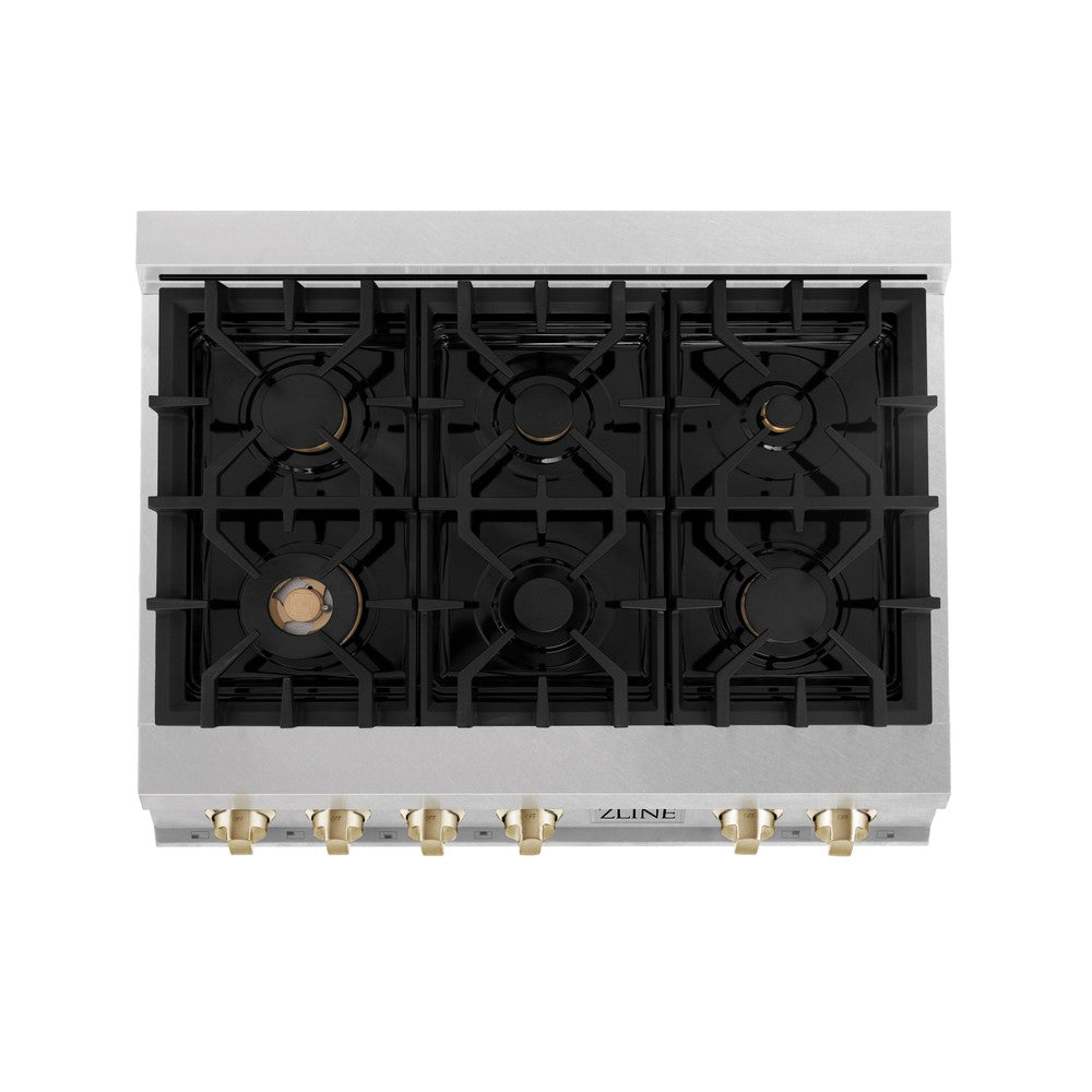 ZLINE Autograph Edition 36 in. Porcelain Rangetop with 6 Gas Burners in DuraSnow® Stainless Steel with Polished Gold Accents (RTSZ-36-G)