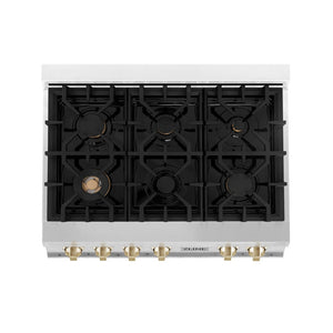 ZLINE Autograph Edition 36 in. Legacy Gas Rangetop with 6 Burners and Porcelain Cooktop in Stainless Steel with Polished Gold Accents (RTZ-36-G)