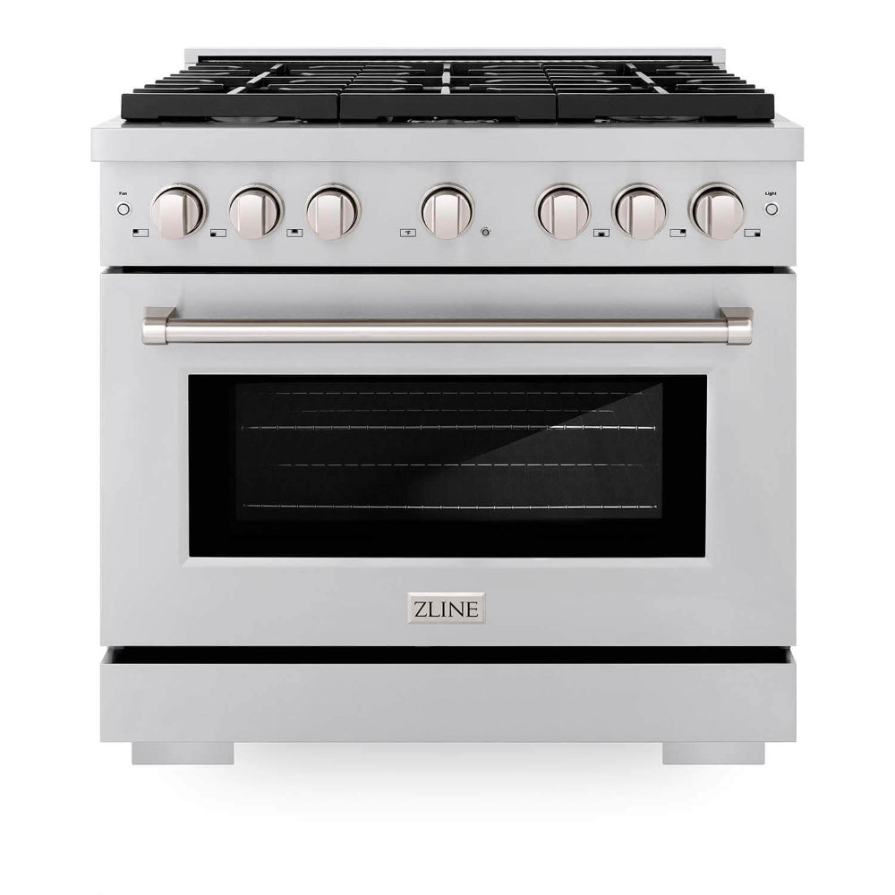 ZLINE Kitchen Package with Refrigerator, 36 in. Stainless Steel Gas Range, 36 in. Range Hood, Microwave Drawer, 24 in. Tall Tub Dishwasher and Wine Cooler (6KPR-SGRRH36-MWDWV-RWV)