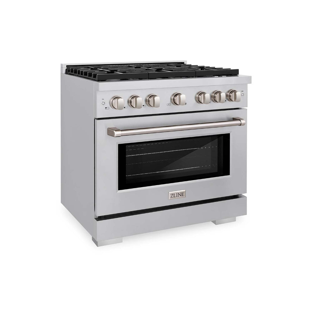 ZLINE Kitchen Package with Refrigerator, 36 in. Stainless Steel Gas Range, 36 in. Range Hood, Microwave Drawer, 24 in. Tall Tub Dishwasher and Beverage Fridge (6KPR-SGRRH36-MWDWV-RBV)