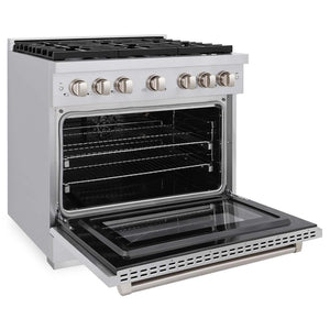 ZLINE 36 in. Kitchen Package with Stainless Steel Gas Range, Range Hood, Microwave Drawer, Tall Tub Dishwasher and Wine Cooler (5KP-SGRRH36-MWDWV-RWV)