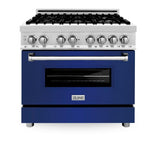 ZLINE 36 in. Dual Fuel Range with Gas Stove and Electric Oven in Stainless Steel with Blue Gloss Door (RA-BG-36)