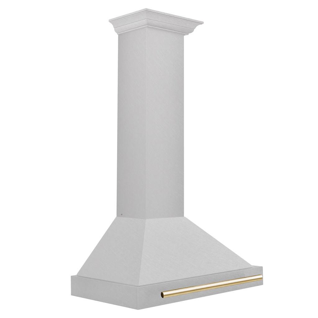 ZLINE Autograph Edition Convertible Fingerprint Resistant Satin Stainless Steel Range Hood with Polished Gold Handle (KB4SNZ-G) Polished Gold, side.