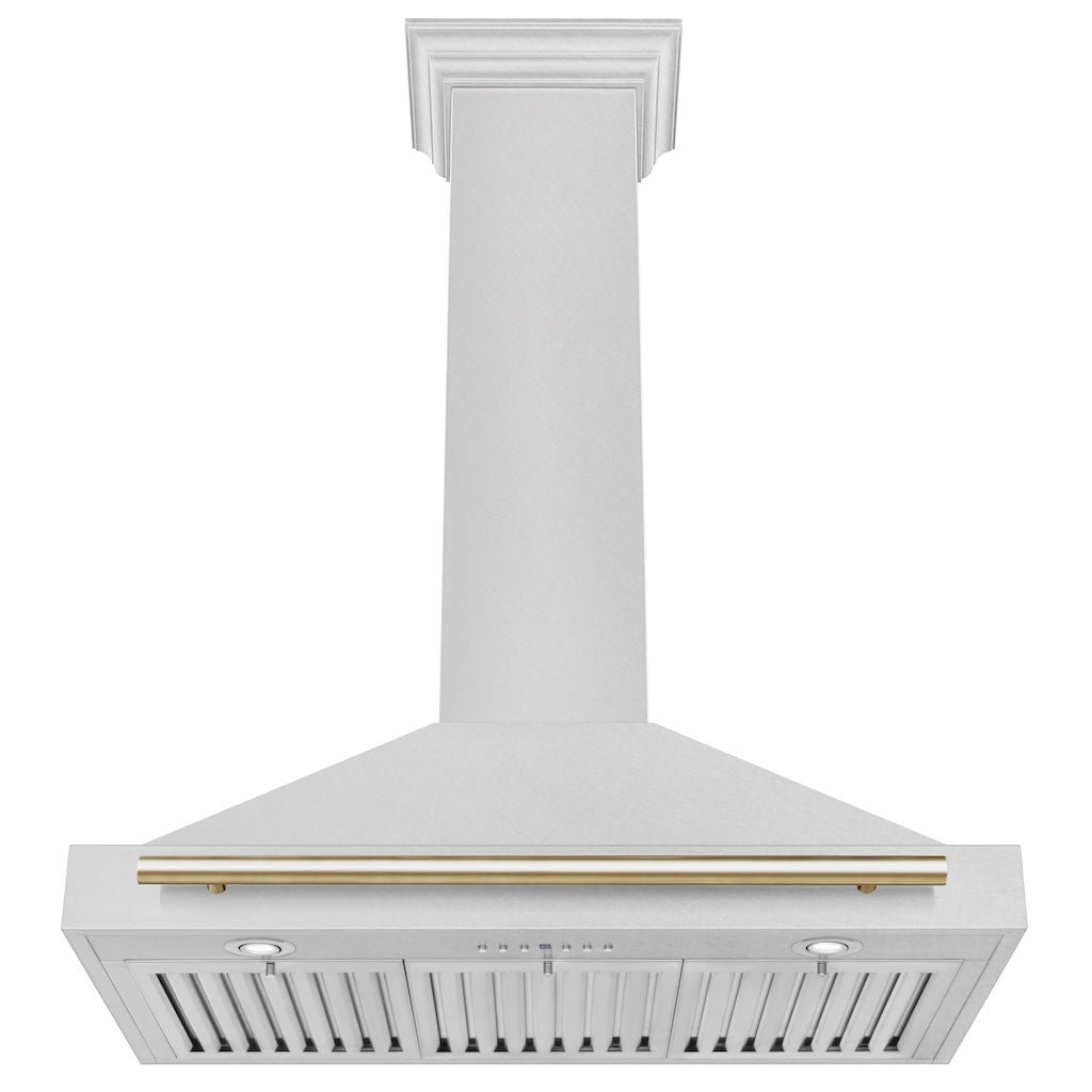 ZLINE Autograph Edition Convertible Fingerprint Resistant DuraSnow® Stainless Steel Range Hood with Polished Gold Handle (KB4SNZ-G)