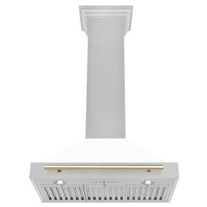 ZLINE Autograph Edition Convertible Fingerprint Resistant DuraSnow® Stainless Steel Range Hood with White Matte Shell and Polished Gold Handle (KB4SNZ-WM-G)