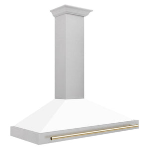 ZLINE Autograph Edition Convertible Fingerprint Resistant Satin Stainless Steel Range Hood with White Matte Shell and Polished Gold Handle (KB4SNZ-WM-G) Polished Gold, side.