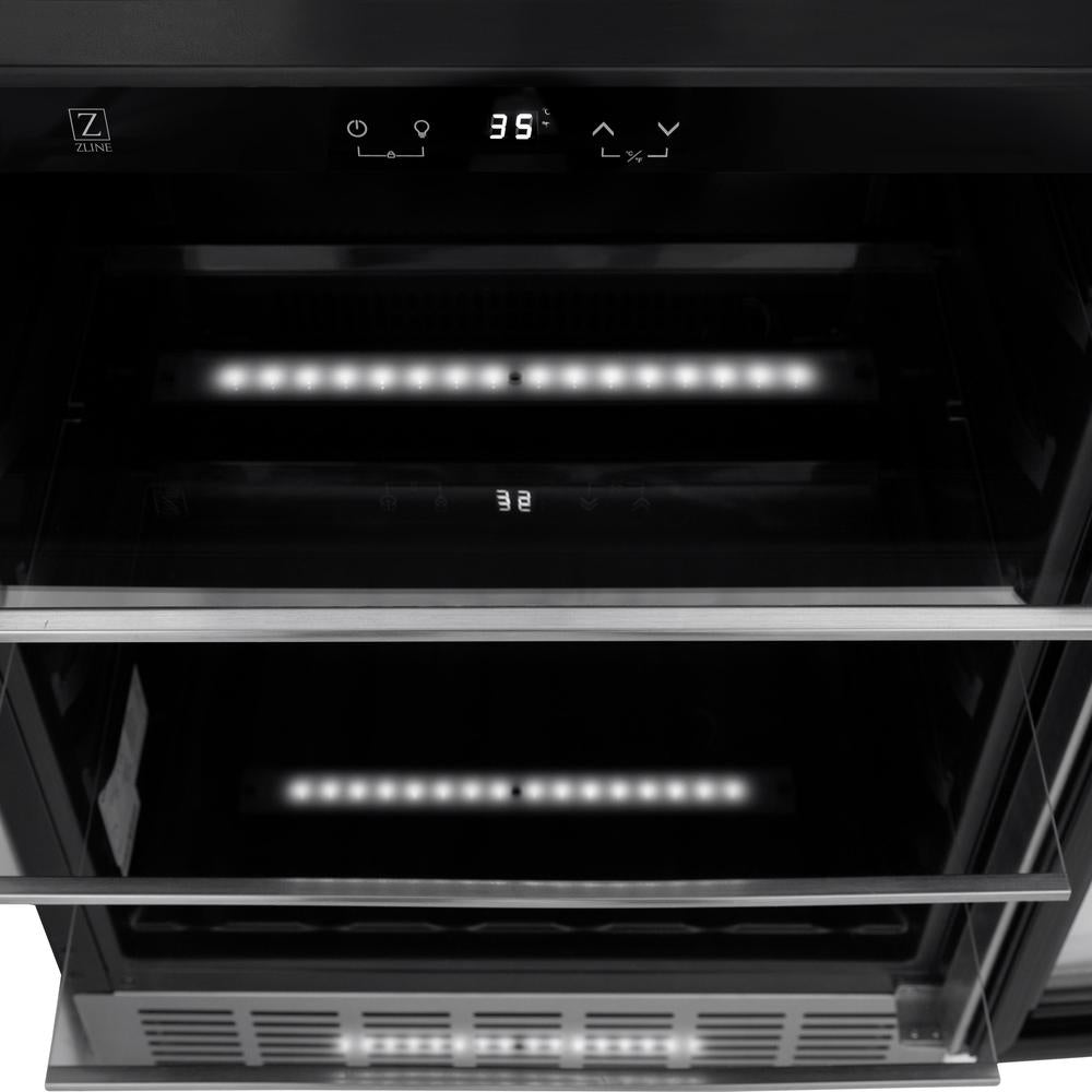 ZLINE Kitchen Package with Refrigeration, 48" Stainless Steel Dual Fuel Range, 48" Range Hood, Microwave Drawer, 24" Tall Tub Dishwasher and Beverage Fridge (6KPR-RARH48-MWDWV-RBV)