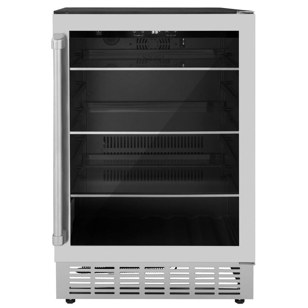 ZLINE Kitchen Package with Refrigeration, 48" Stainless Steel Dual Fuel Range, 48" Range Hood, Microwave Drawer, 24" Tall Tub Dishwasher and Beverage Fridge (6KPR-RARH48-MWDWV-RBV)