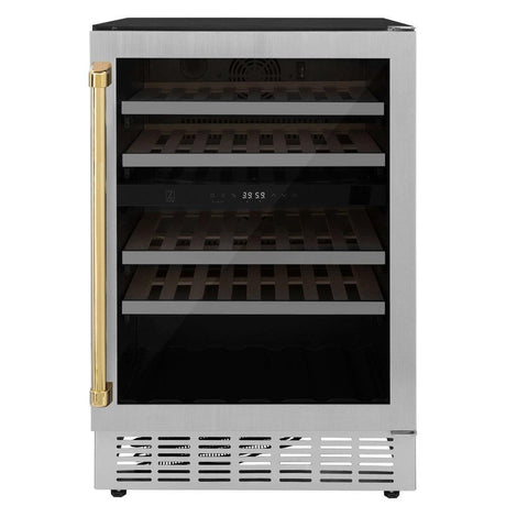 ZLINE Autograph Edition 24 in. Monument Dual Zone 44-Bottle Wine Cooler in Stainless Steel with Polished Gold Accents (RWVZ-UD-24-G)-Wine Refrigeration-RWVZ-UD-24-G ZLINE Kitchen and Bath