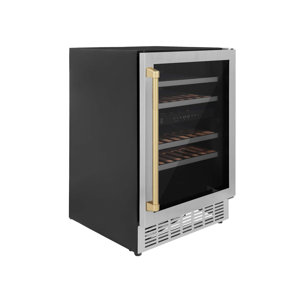 ZLINE Autograph Edition 24 in. Monument Dual Zone 44-Bottle Wine Cooler in Stainless Steel with Champagne Bronze Accents (RWVZ-UD-24-CB)