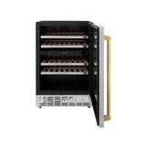 ZLINE Autograph Edition 24 in. Monument Dual Zone 44-Bottle Wine Cooler in Stainless Steel with Polished Gold Accents (RWVZ-UD-24-G)