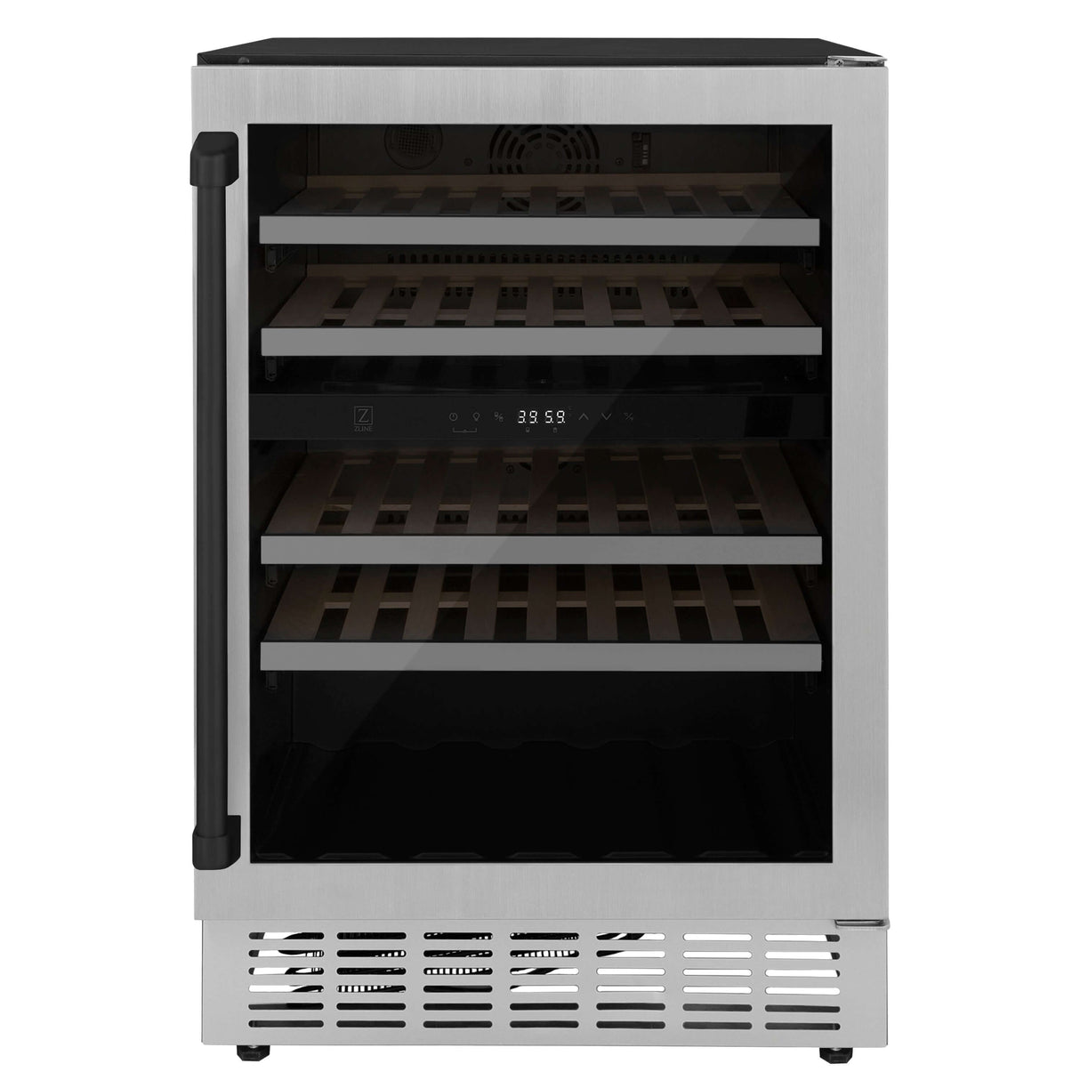 ZLINE Autograph Edition 24 in. Monument Dual Zone 44-Bottle Wine Cooler in Stainless Steel with Matte Black Accents (RWVZ-UD-24-MB)