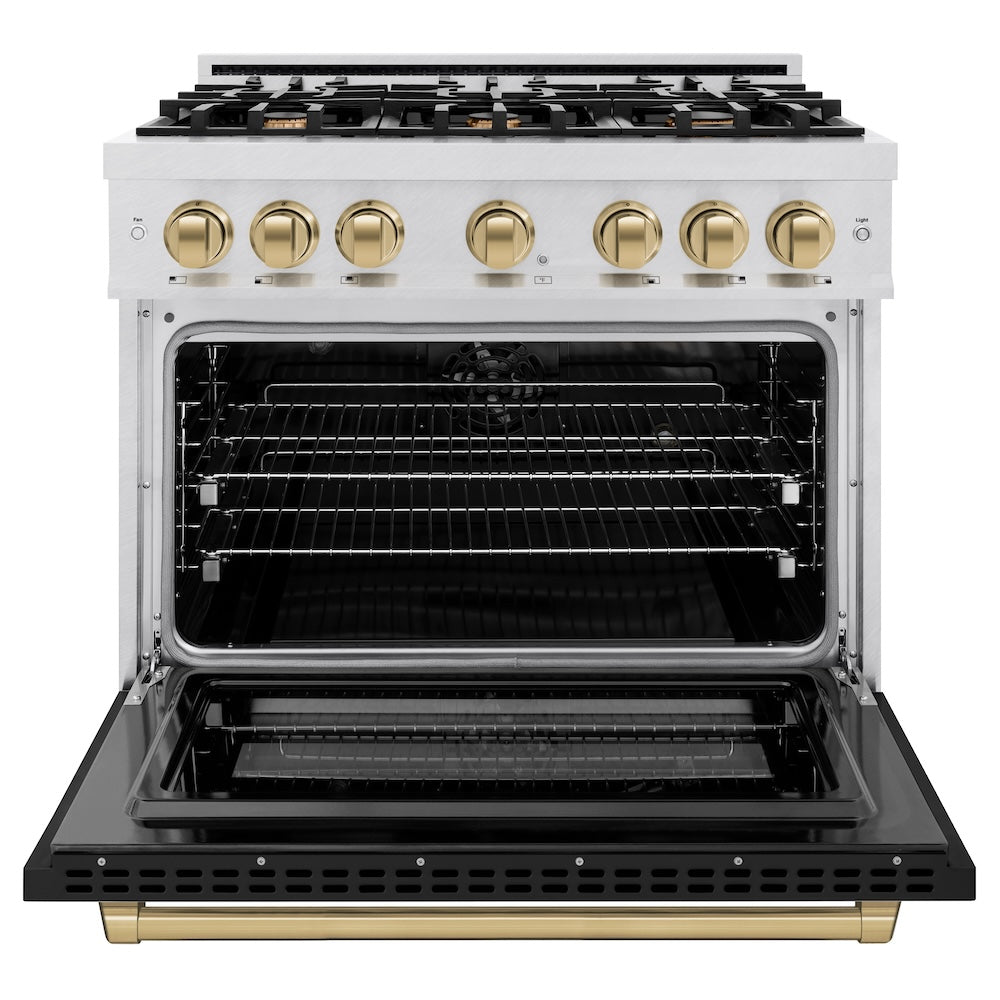 ZLINE Autograph Edition 36 in. 5.2 cu. ft. Select Dual Fuel Range with 6 Burner Gas Cooktop and Electric Convection Oven in DuraSnow® Stainless Steel with Black Matte Door and Champagne Bronze Accents (HDRSZ-BLM-36-CB)