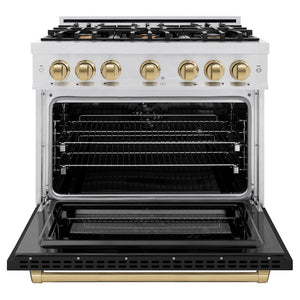ZLINE Autograph Edition 36 in. 5.2 cu. ft. Select Dual Fuel Range with 6 Burner Gas Cooktop and Electric Convection Oven in DuraSnow® Stainless Steel with Black Matte Door and Champagne Bronze Accents (HDRSZ-BLM-36-CB)