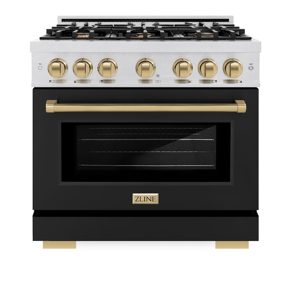 ZLINE Autograph Edition 36 in. 5.2 cu. ft. Select Dual Fuel Range with 6 Burner Gas Cooktop and Electric Convection Oven in DuraSnow® Stainless Steel with Black Matte Door and Champagne Bronze Accents (HDRSZ-BLM-36-CB)