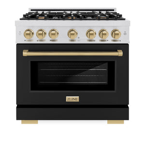 ZLINE Autograph Edition 36 in. 5.2 cu. ft. Select Dual Fuel Range with 6 Burner Gas Cooktop and Electric Convection Oven in DuraSnow® Stainless Steel with Black Matte Door and Champagne Bronze Accents (HDRSZ-BLM-36-CB)