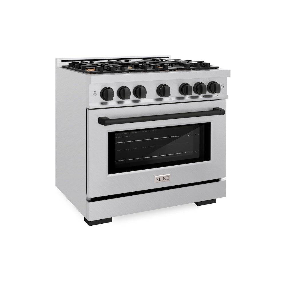 ZLINE Autograph Edition 36 in. 5.2 cu. ft. Select Dual Fuel Range with 6 Burner Gas Cooktop and Electric Convection Oven in DuraSnow® Stainless Steel with Matte Black Accents (HDRSZ-36-MB)