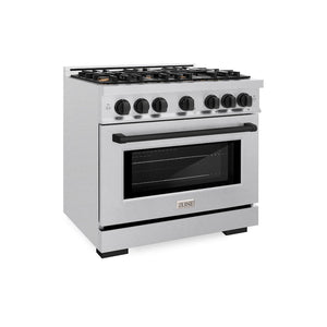 ZLINE Autograph Edition 36 in. 5.2 cu. ft. Select Dual Fuel Range with 6 Burner Gas Cooktop and Electric Convection Oven in DuraSnow® Stainless Steel with Matte Black Accents (HDRSZ-36-MB)