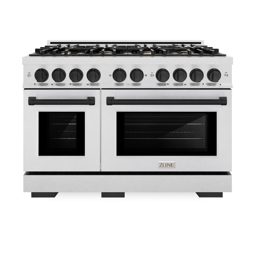 ZLINE Autograph Edition 48 in. 6.7 cu. ft. Select Double Oven Dual Fuel Range with 8 Burner Gas Cooktop in DuraSnow® Stainless Steel and Matte Black Accents (HDRSZ-48-MB)