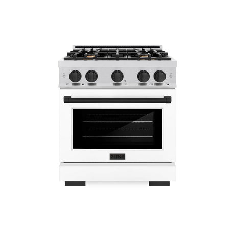 ZLINE Autograph Edition 30 in. 4.2 cu. ft. Select Dual Fuel Range with 4 Burner Gas Cooktop and Electric Convection Oven in DuraSnow® Stainless Steel with White Matte Door and Matte Black Accents (HDRSZ-WM-30-MB)