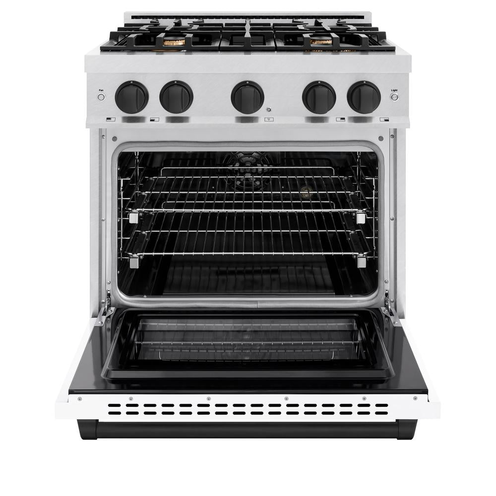 ZLINE Autograph Edition 30 in. 4.2 cu. ft. Select Dual Fuel Range with 4 Burner Gas Cooktop and Electric Convection Oven in DuraSnow® Stainless Steel with White Matte Door and Matte Black Accents (HDRSZ-WM-30-MB)