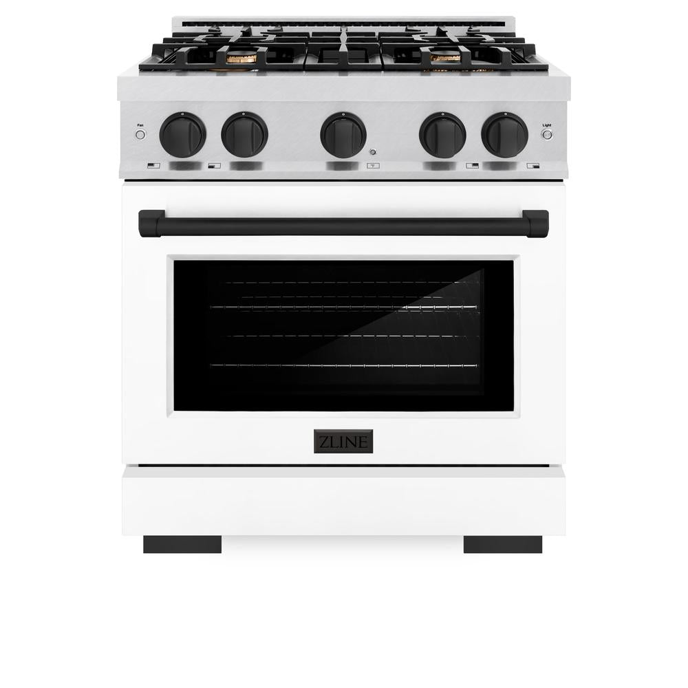 ZLINE Autograph Edition 30 in. 4.2 cu. ft. Select Dual Fuel Range with 4 Burner Gas Cooktop and Electric Convection Oven in DuraSnow® Stainless Steel with White Matte Door and Matte Black Accents (HDRSZ-WM-30-MB)