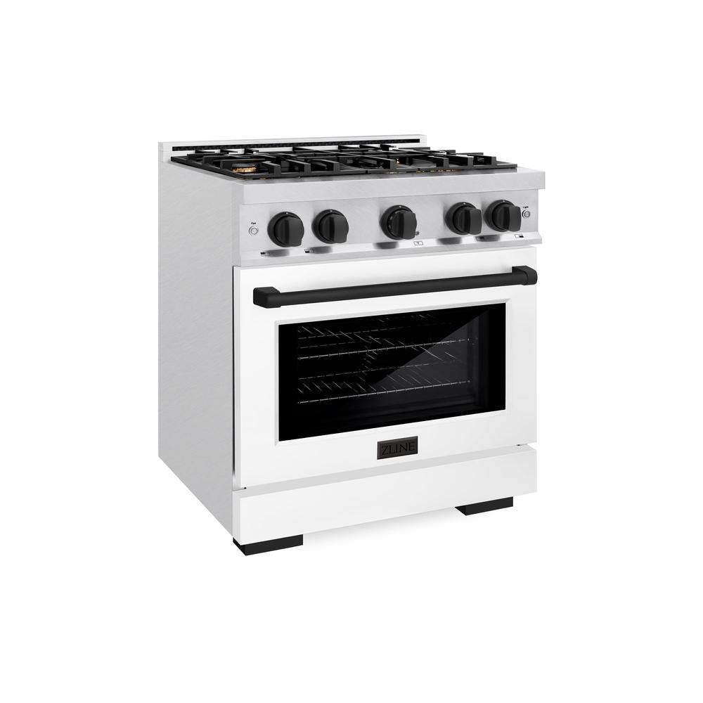 ZLINE Autograph Edition 30 in. 4.2 cu. ft. Select Dual Fuel Range with 4 Burner Gas Cooktop and Electric Convection Oven in DuraSnow® Stainless Steel with White Matte Door and Matte Black Accents (HDRSZ-WM-30-MB)